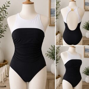 Lauren Ralph Lauren Black White Colorblock Ruched One Piece Swimsuit Size 10